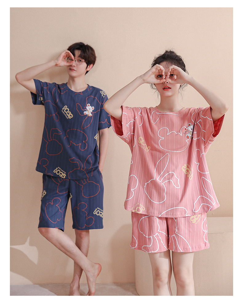 Novedades pareja manga corta pantalones cortos pijamas mujer verano slim algodón peinado hombre traje de hogar suelto casual cartoon pic 81
