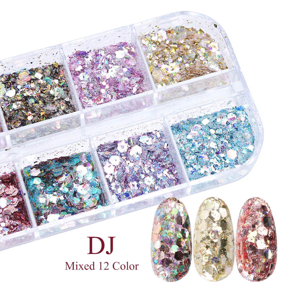 Nail polish glitter with 12 grids, iridescent glitter sheets, mermaid mixed pieces, and nail sequin decoration pic 6