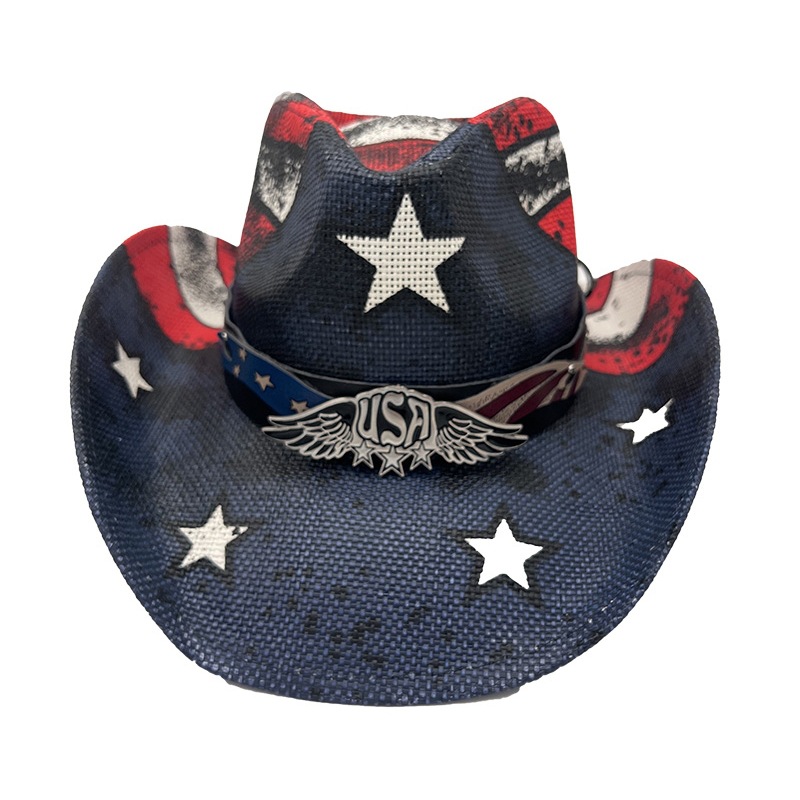 European and American western cowboy hats, cross-border American flag cowboy hats, paper straw hats, casual, retro and versatile sun hats pic 3