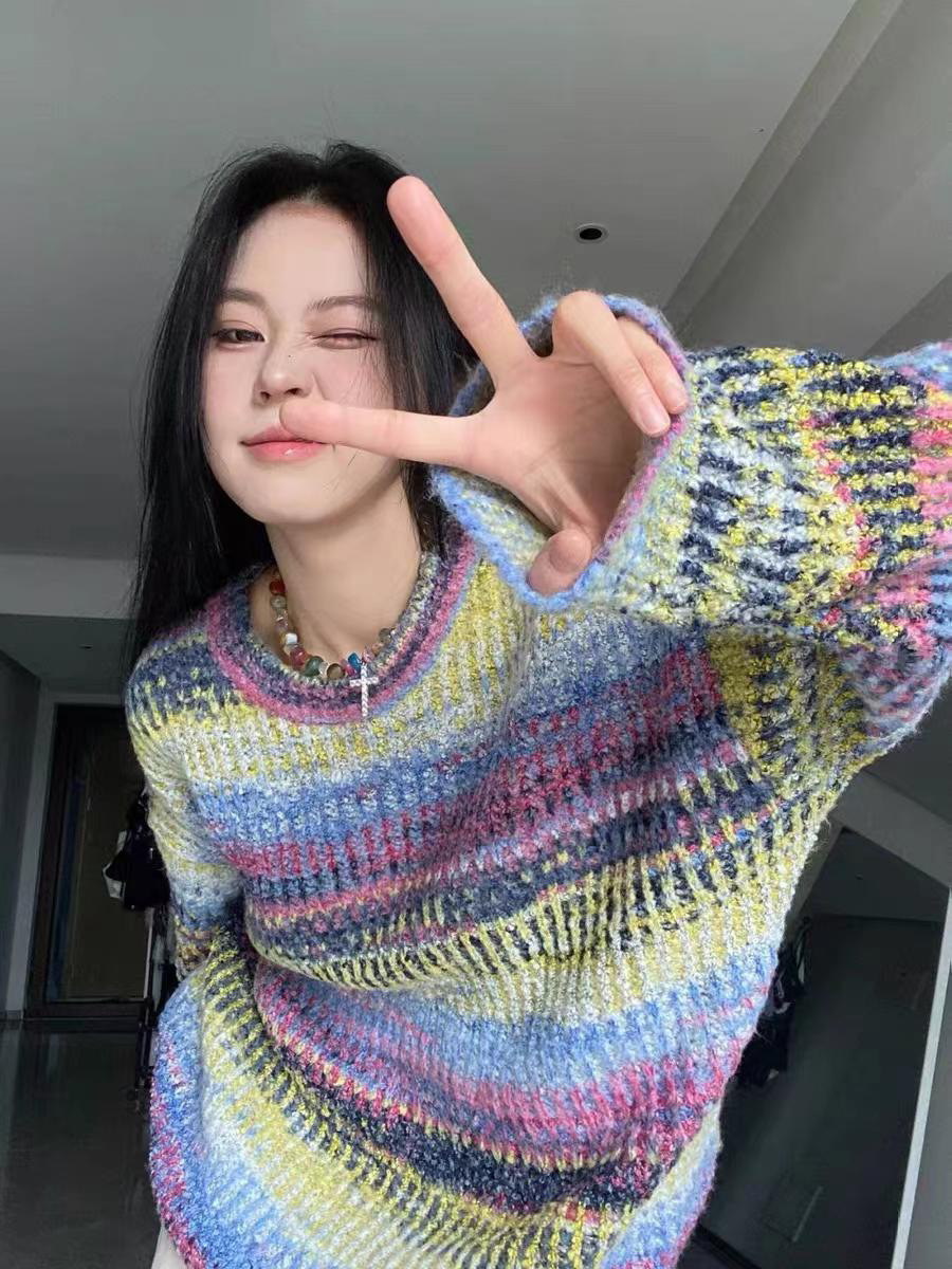 Oil painting terraced gradient mohair segments dyed wool, hand-knitted diy crochet scarf, irregular thick wool balls pic 5