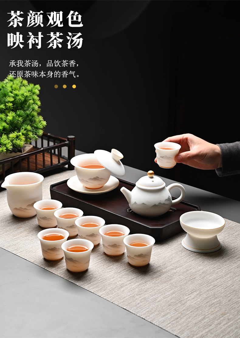 High-end kung Fu tea set, household light luxury sheep fat jade gilded covered bowl teapot tea set, complete set wholesale pic 13