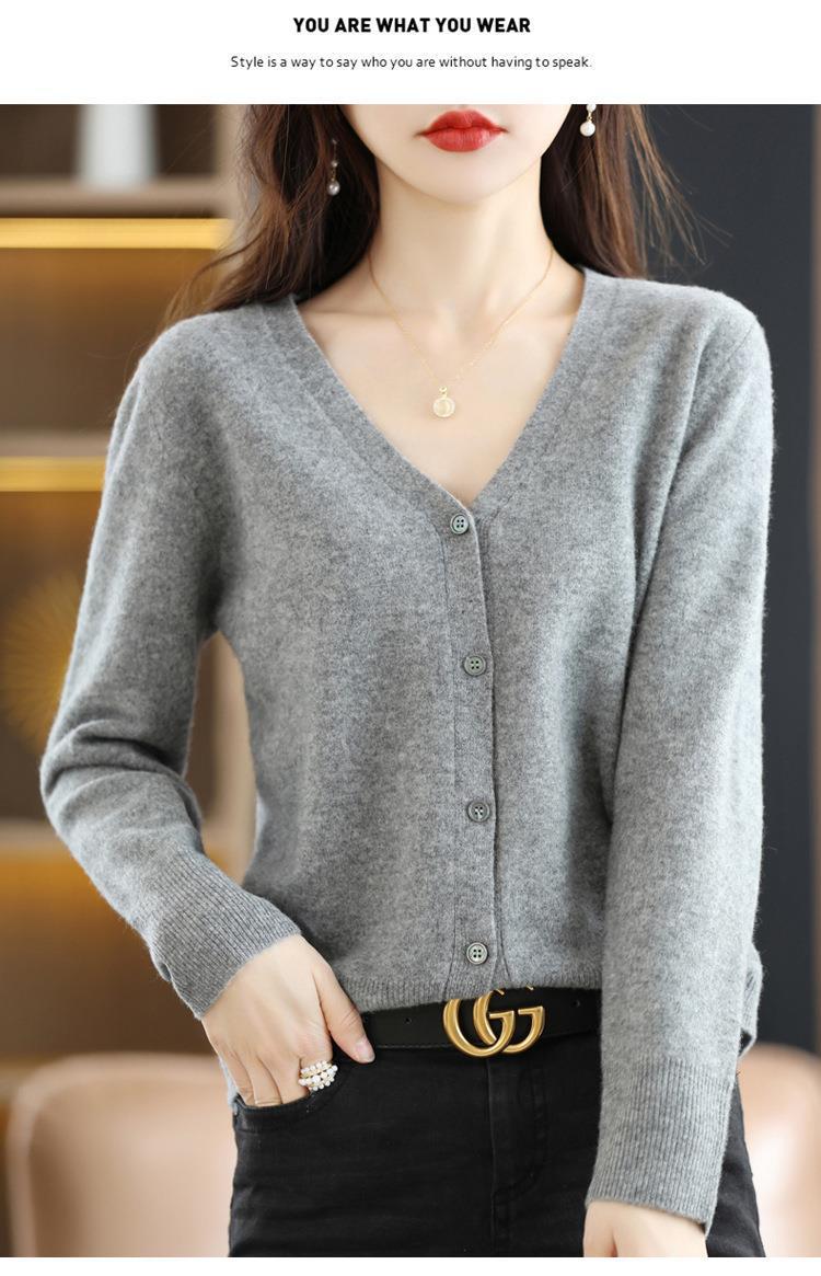 New Spring and autumn knitted cardigan for women, V-neck loose short solid color long-sleeved versatile sweater coat made of wool blend pic 64
