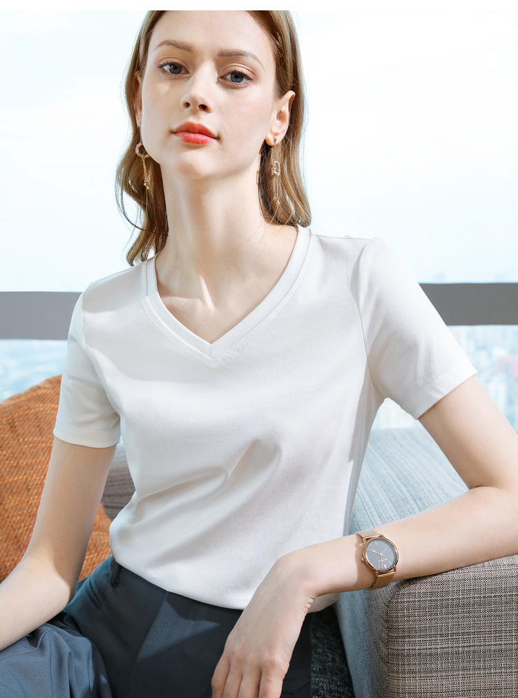 冰感丝光棉短袖t恤女2024新款女装气质v领纯棉体恤纯色高级感上衣详情19