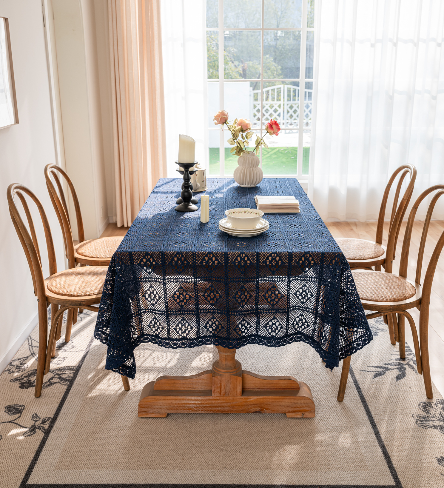 Cross-border hollowed-out hidden deep blue tablecloth, retro crochet photo art book, personalized cotton thread woven tablecloth cover pic 11