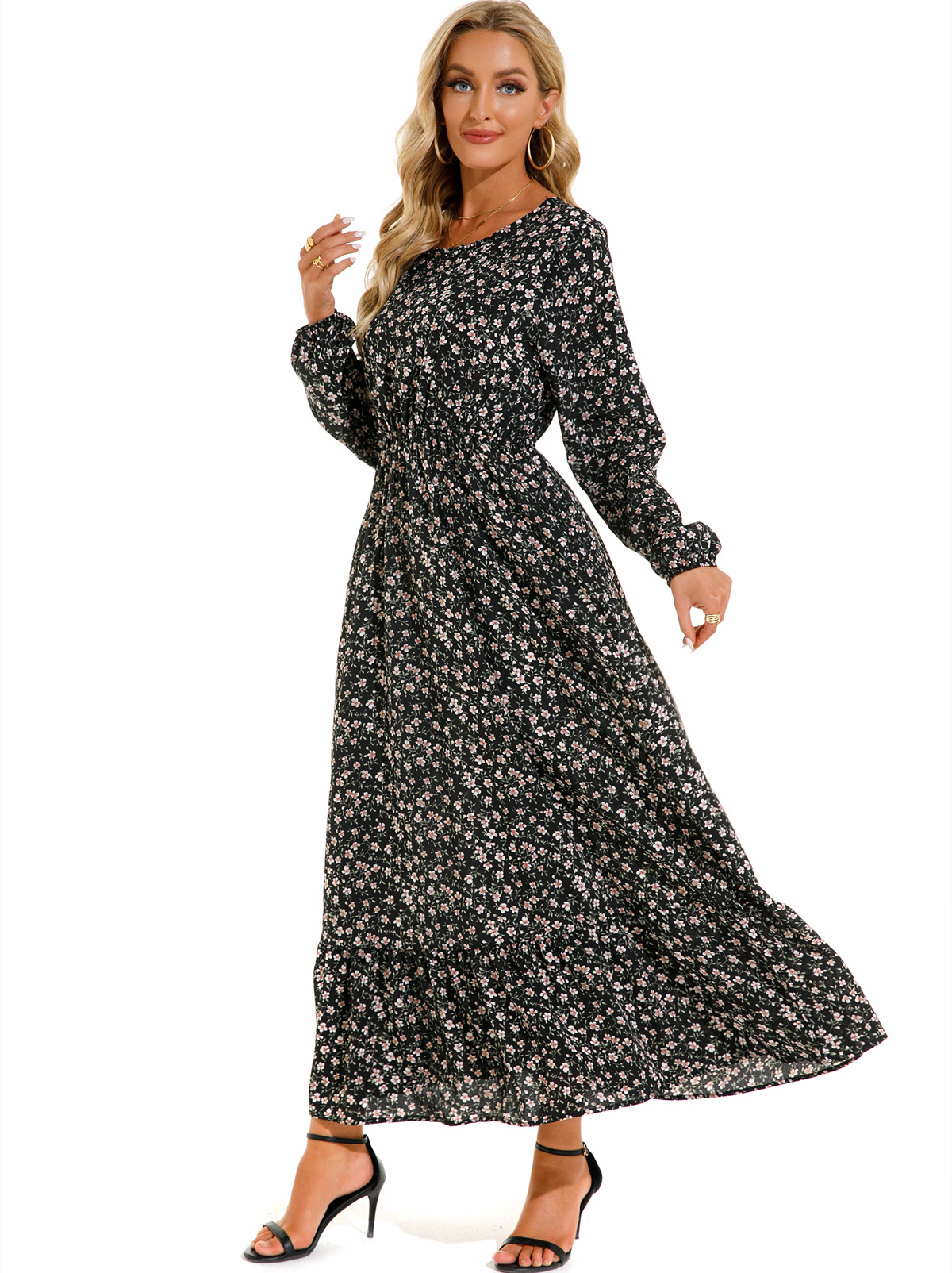 European and American floral long, round-neck, long-sleeved, waist-cinching and slimming dress pic 46