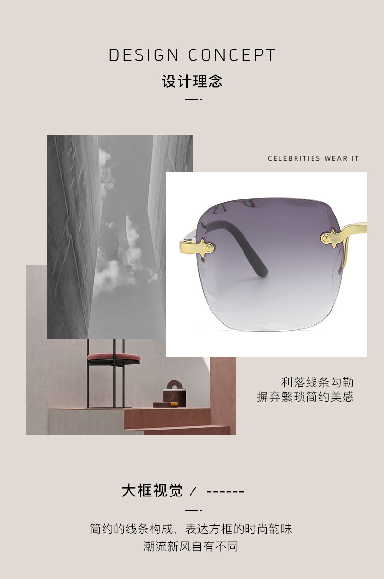 跨境欧美无框方形太阳镜时尚潮流切边无框墨镜女士街拍走秀太阳镜详情2