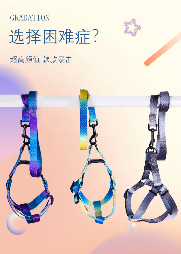 炫彩狗狗牵引绳渐变宠物胸背带外出遛狗绳防挣脱狗项圈大型犬狗绳详情6