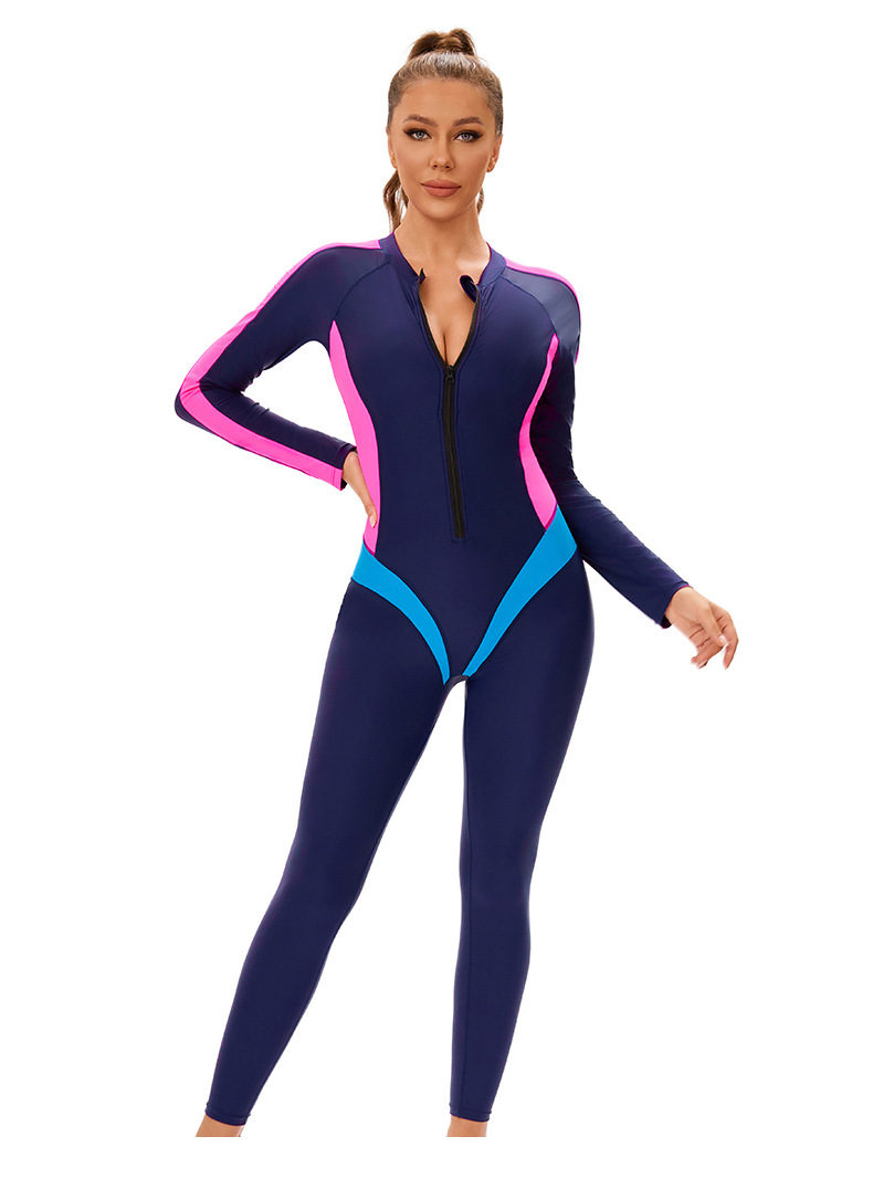 New color-block one-piece Muslim swimsuit for women, cross-border long-sleeved and long-sleeved trousers, conservative full-body zip-up swimsuit pic 4