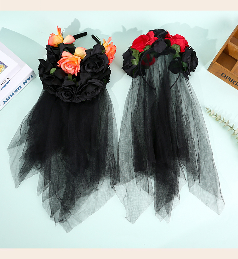欧美风格万圣节派对专用暗黑女巫装扮发箍 红黑玫瑰花朵头纱亡灵节头扣 配饰围巾详情6