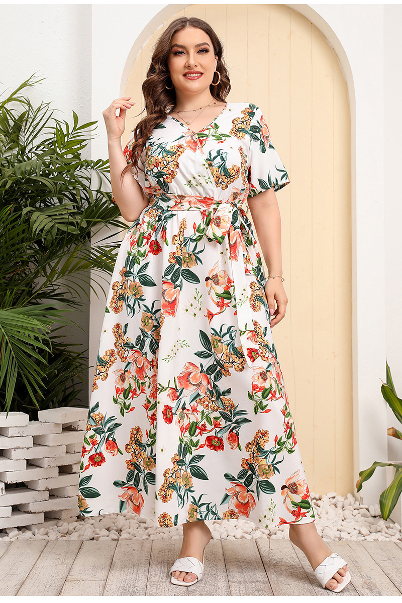 2024 Cross-border new French-style elegant plus-size dress with a V-neck, short sleeve and cinched waist, featuring a simple floral design pic 17