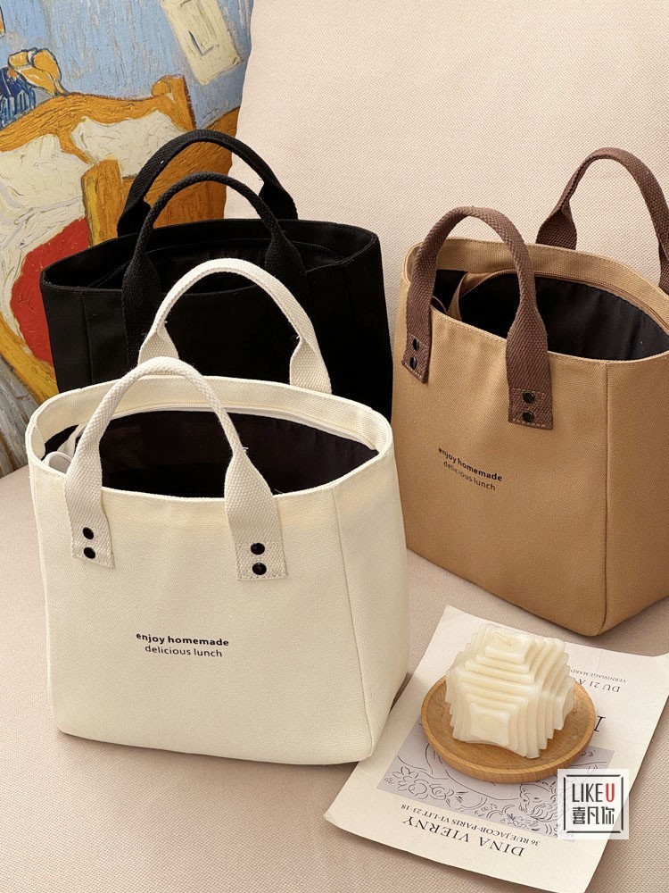 帆布纯色手提袋日式便当妈咪上班族外出带饭简约撞色时尚拎包饭盒详情5