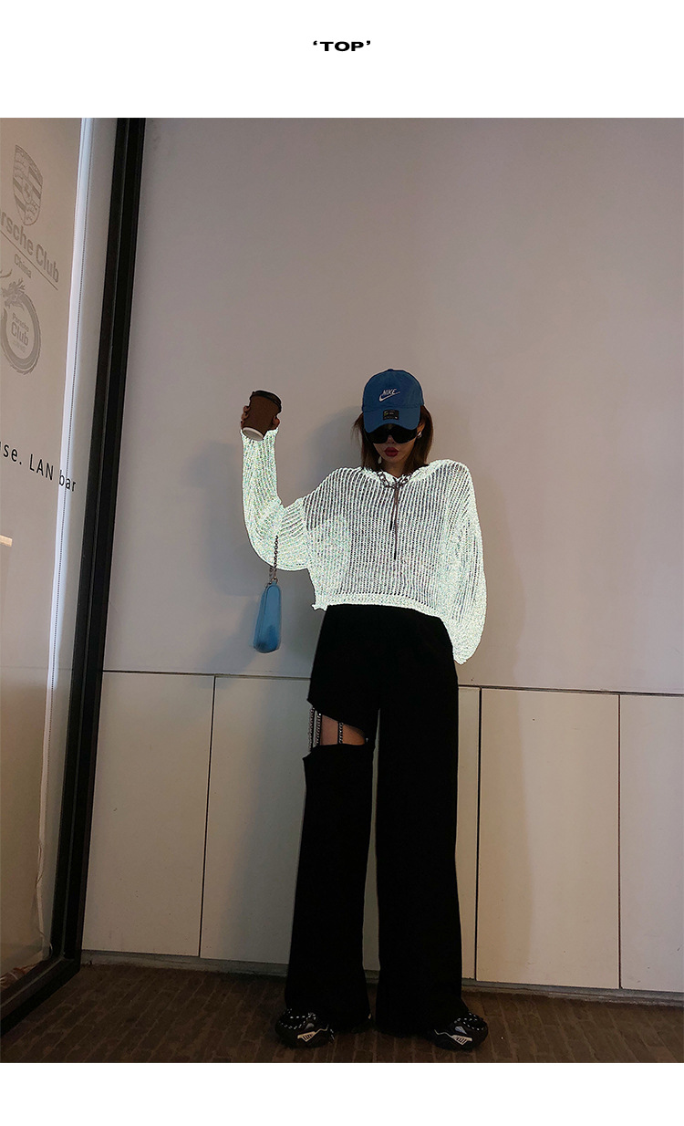 李婉君宽松连帽镂空针织衫女2020夏季薄款星辰反光蹦迪上衣长袖衫详情44