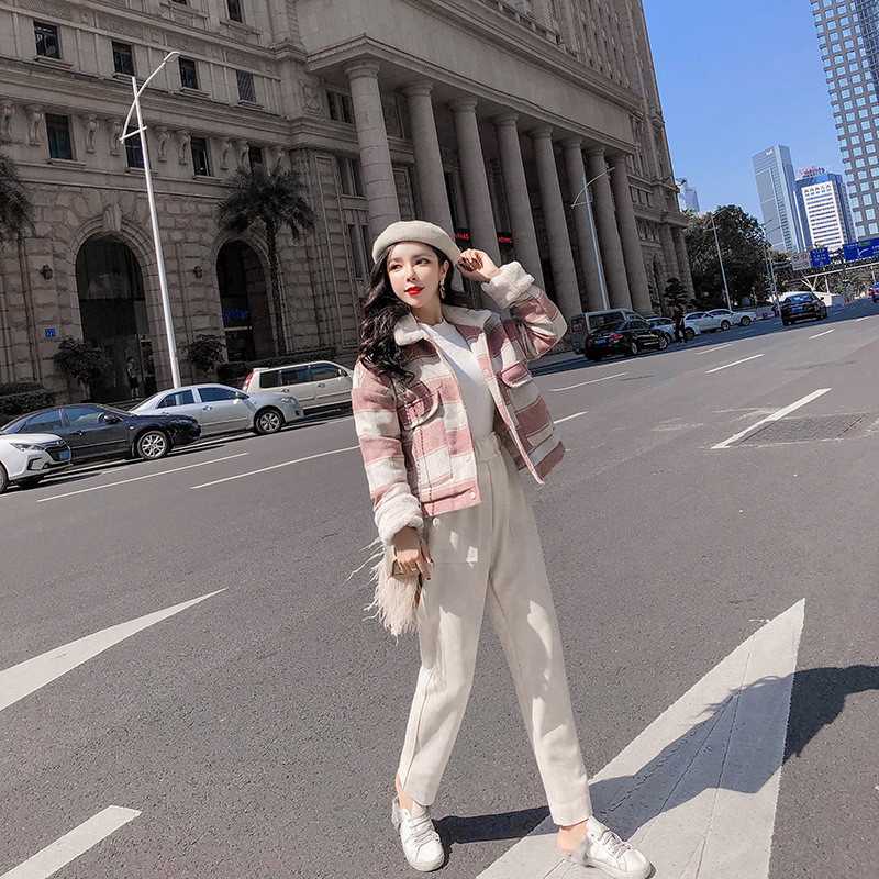 New loose checkered thickened windbreaker, short and versatile woolen coat for petite people pic 2