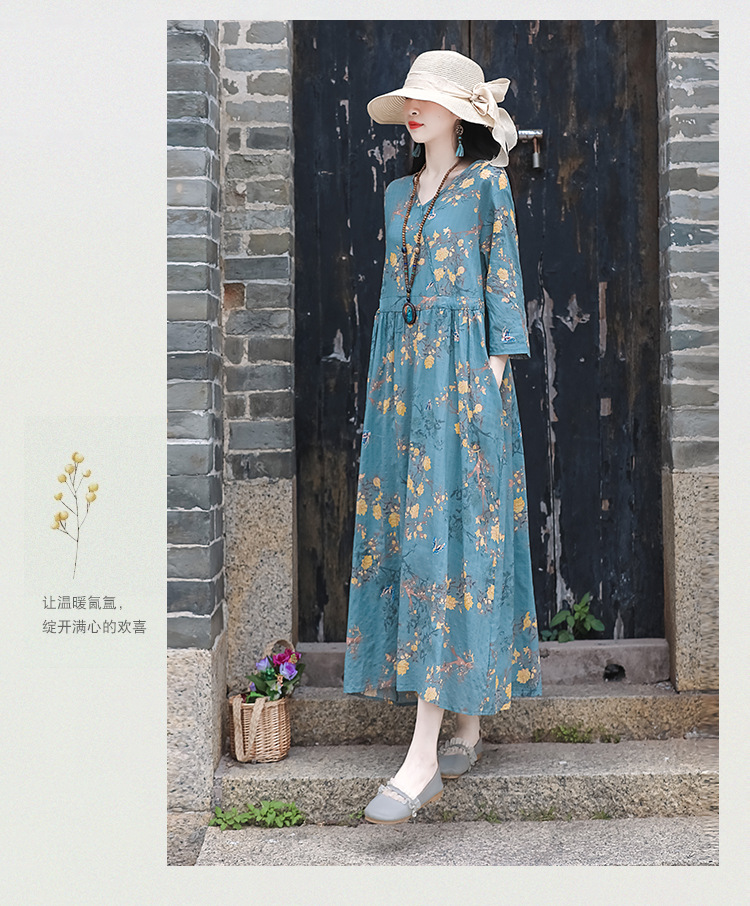 2024夏季新款中年妈妈复古文艺印花棉麻收腰连衣裙宽松大摆长裙女详情16