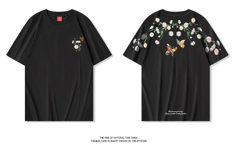 2025新款国潮短袖t恤 蝴蝶光变刺绣中国风圆领纯棉宽松重磅半袖详情10