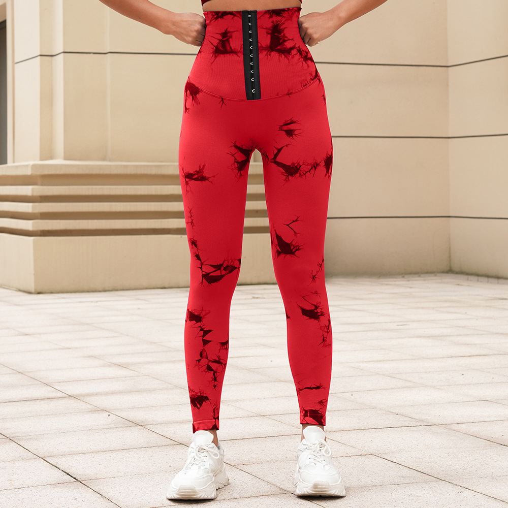 新品无缝扎染瑜伽裤高腰收腹排扣紧身裤提臀健身裤跑步塑身运动裤详情12