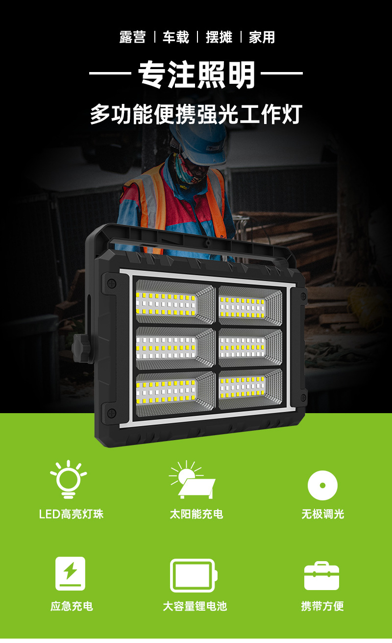 无极冷暖光可调节太阳能板可拆卸高亮室内户外投光灯便携移动电源详情1