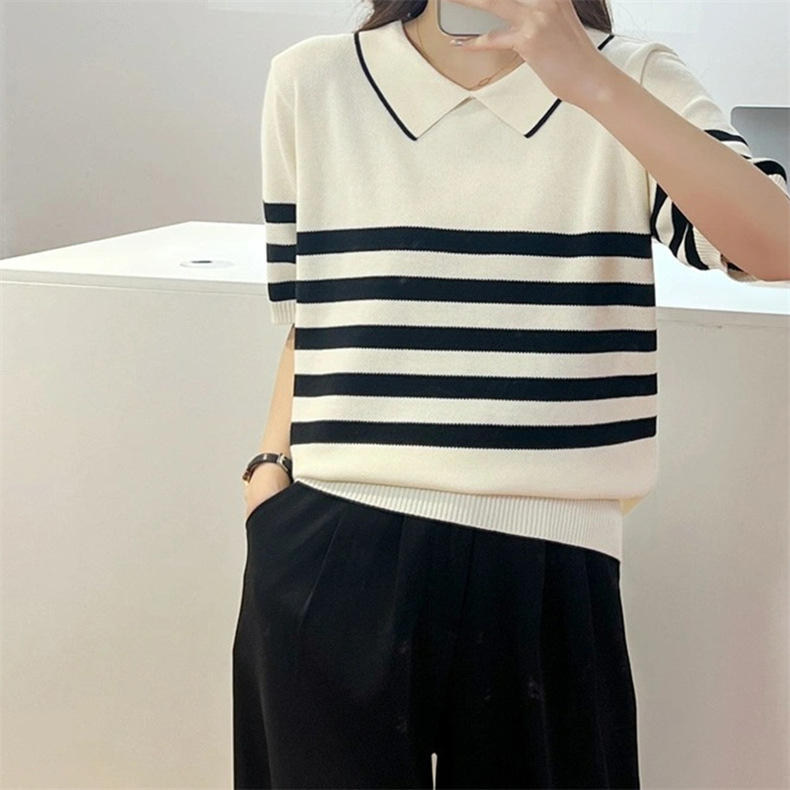 Color-blocking striped short-sleeved knitted sweater, summer Korean-style simple commuting ice silk top, pullover, base layer, lapel T-shirt for women pic 11