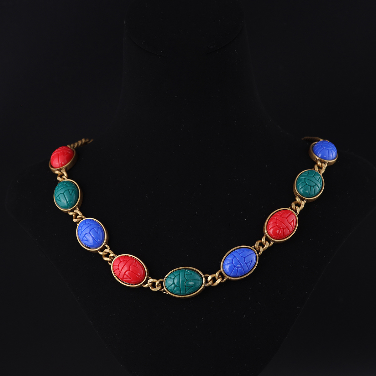 中古vintage高级感时尚小众设计青岛工厂批发三色花纹石项链女款详情2