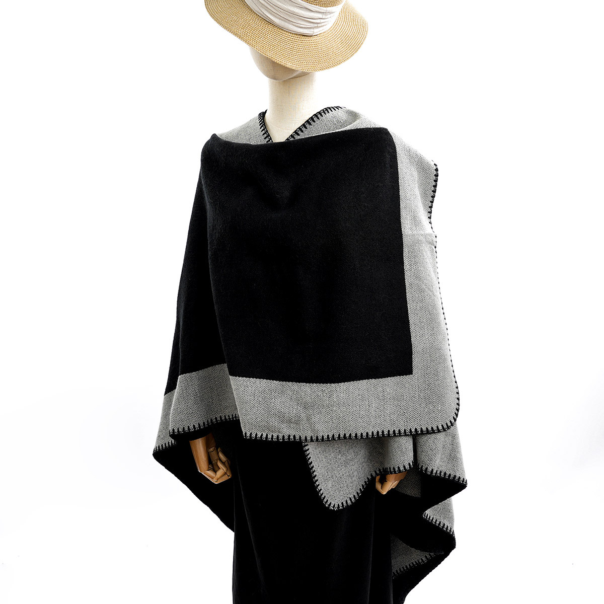 冬季跨境披肩加厚保暖长款拼接色披风仿羊绒双面两用女士时尚斗篷详情4