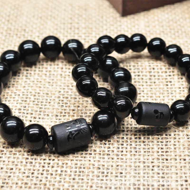 Wholesale imitation crystal obsidian single-loop bracelets, frosted dragon and phoenix bucket beads, couple bracelets for men and women, and Buddhist prayer beads pic 1