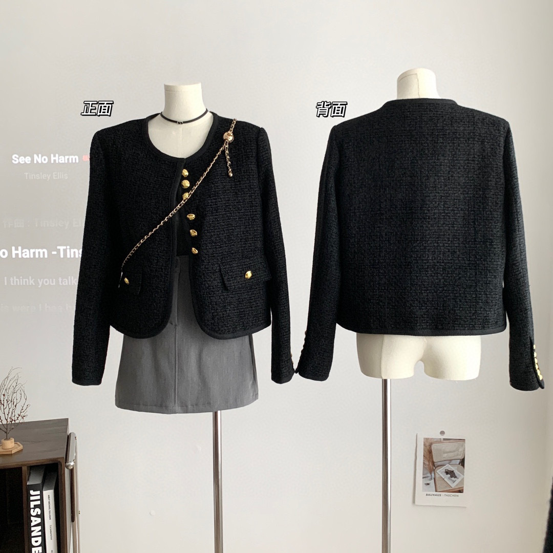 同款~黑色小香风短外套女23秋冬新款粗花呢六扣双口袋详情26