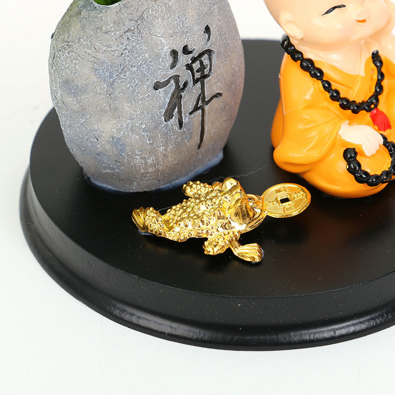 汽车小摆件禅意古风荷叶仿真绿植铜钱草佛珠小和尚车载中控台装饰详情9