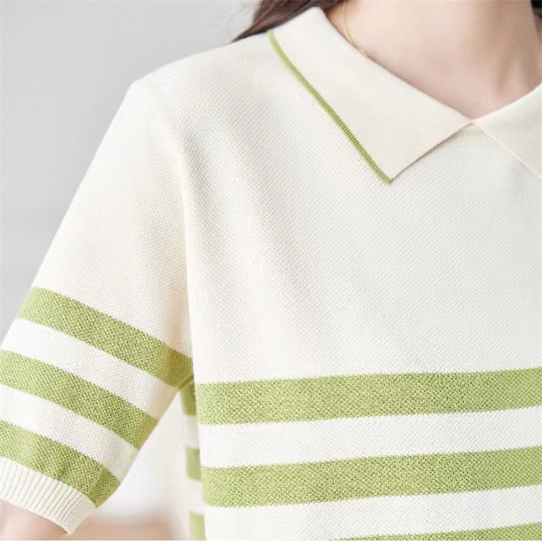 Color-blocking striped short-sleeved knitted sweater, summer Korean-style simple commuting ice silk top, pullover, base layer, lapel T-shirt for women pic 15