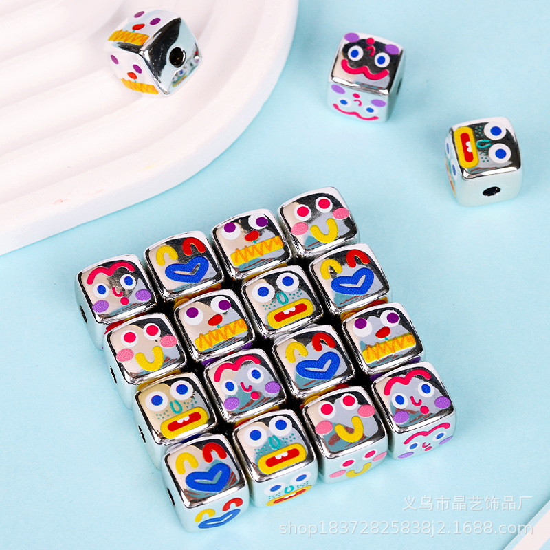 14mm bright silver square fun expression acrylic bead perforated diy hair tie hair accessory bracelet accessory pic 3