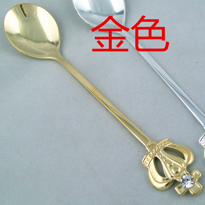 High-end stainless steel mirror-polished tableware, crown coffee spoon, retro dessert spoon, creative diamond mini tune, gold and silver set pic 2