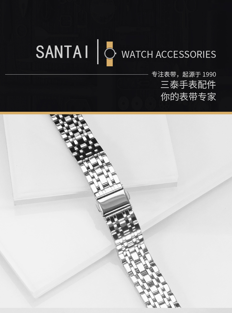 适用华为三星小米通用快拆七珠不锈钢手表带双按扣金属表链182022详情1