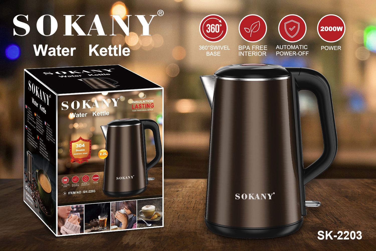 sokany-2203 Electric kettle, household electric kettle, automatic power-off, stainless steel integrated kettle pic 3