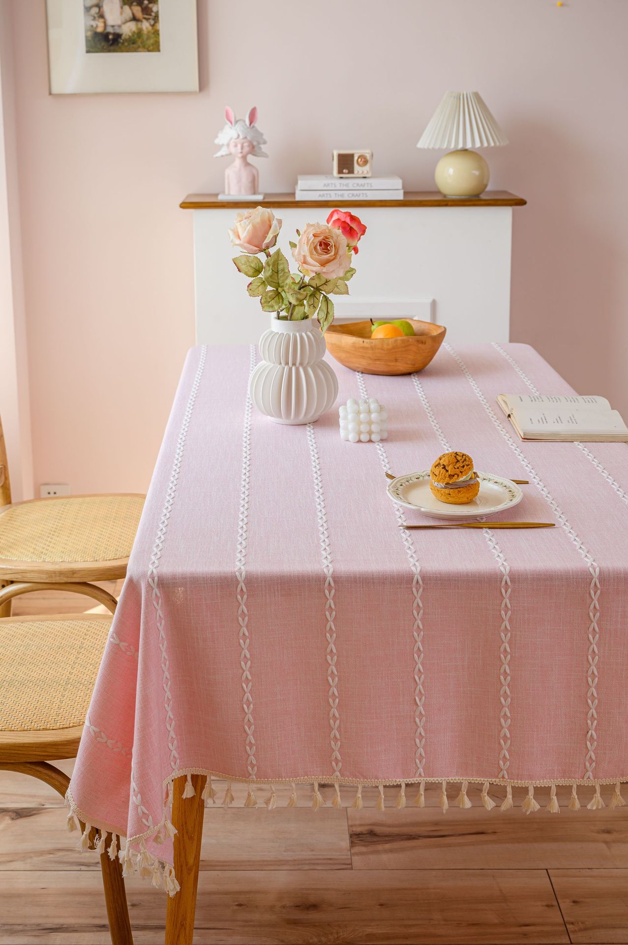 Cross-border three-dimensional embroidered striped tablecloth, popular black solid color, white cotton and linen tablecloth cover, fabric outdoor party pic 18