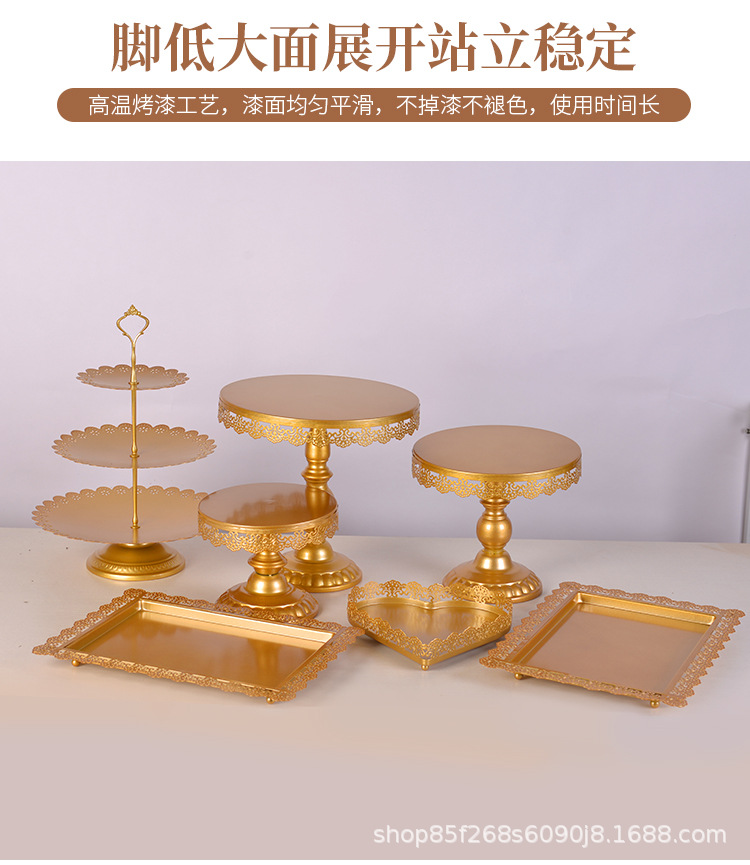 金色蛋糕架婚庆道具轻奢欧式甜品高脚托盘金属三件套晚会摆件套餐详情6