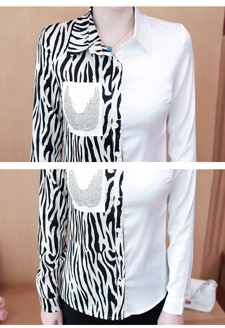 实拍20韩版宽松英伦复古时尚衬衫女缎面拼接烫钻polo领衬衣详情34