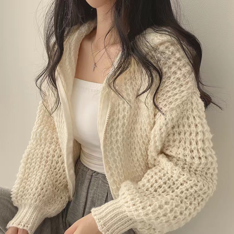 韩国chic秋冬慵懒风连帽短款毛衣外套女设计感粗针翻领宽松针织衫详情6