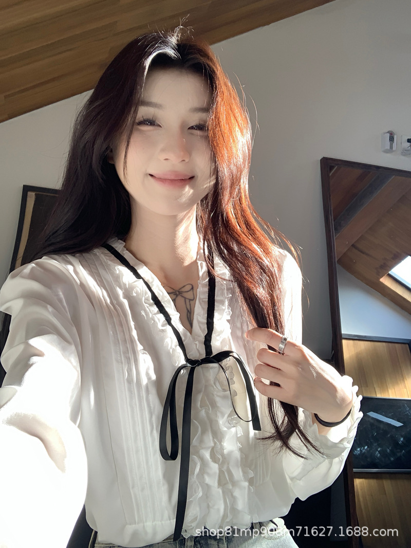 法式千金早春压褶小众气质名媛甜美系带蝴蝶结衬衫女长袖白衬衣女详情15