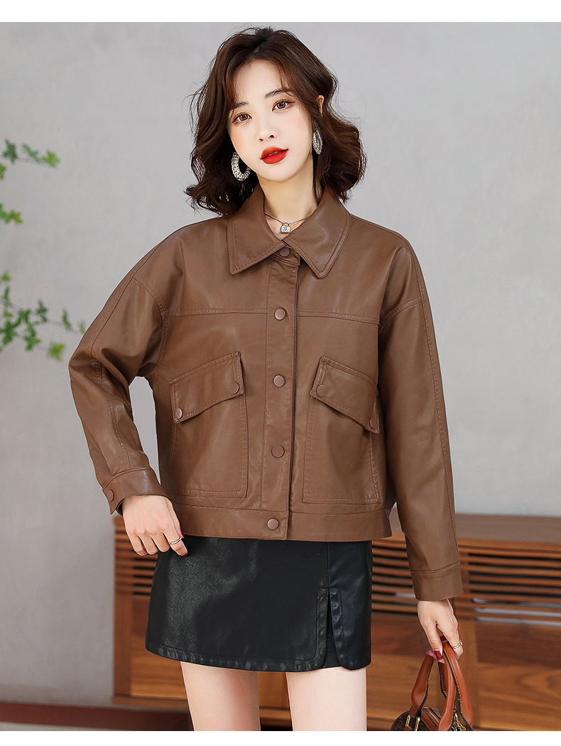 2022春秋装新款女式PU皮衣时尚翻领单排扣小个子帅气机车服短外套详情4