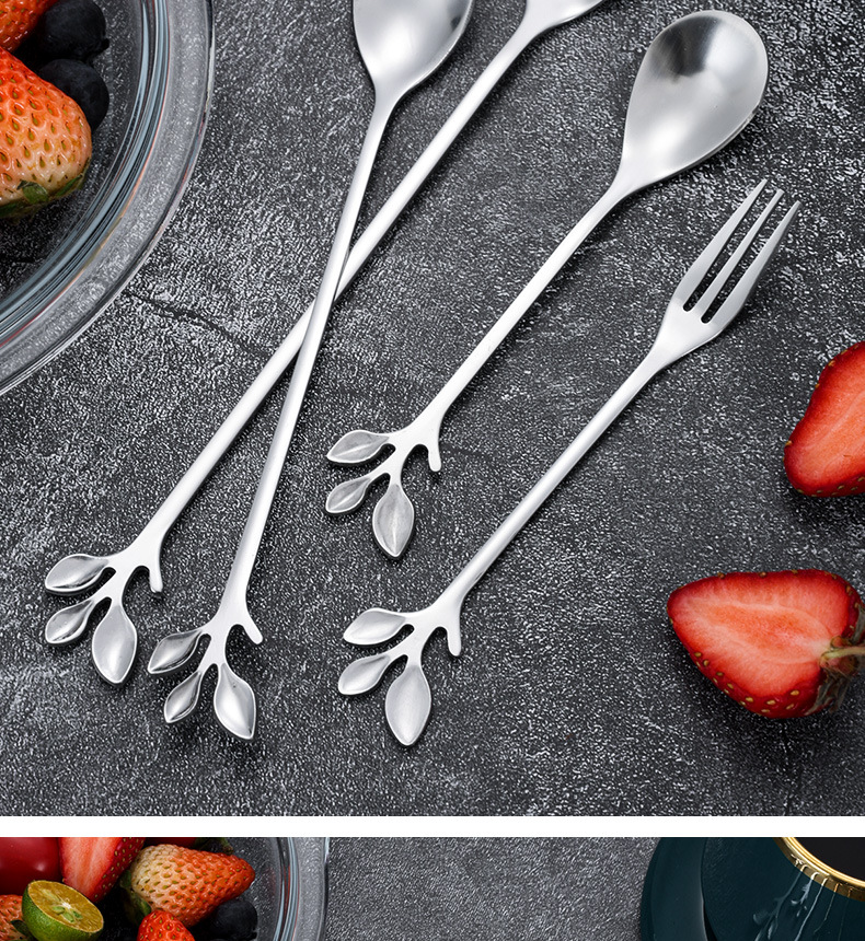 不锈钢创意高颜值树叶勺叉调羹咖啡勺家用餐勺长柄搅拌勺甜品叉子详情18