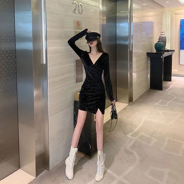 丝绒长袖连衣裙2022春秋韩版新款流行性感修身夜店女装亮片包臀裙详情12
