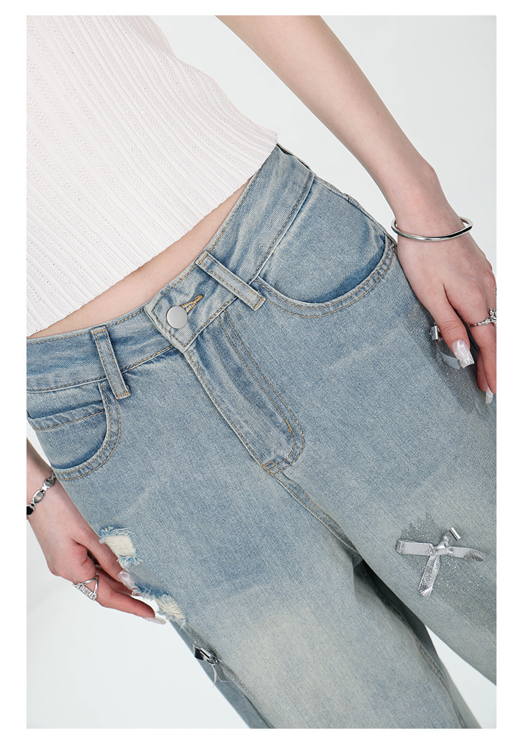 Large-sized retro three-dimensional bow ripped jeans for women with a summer design sense, high-waisted straight-leg loose wide-leg pants pic 24