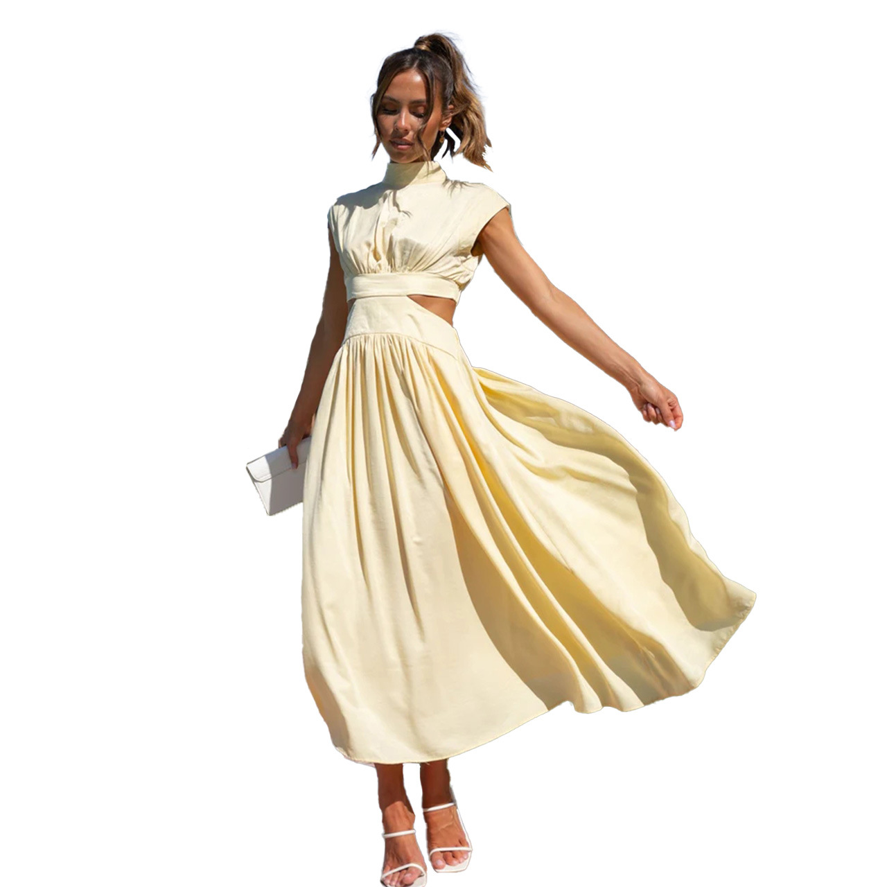 A sweet and fashionable summer stand-up collar macaron-colored waist-exposing long dress from Europe and America in 2023 pic 59