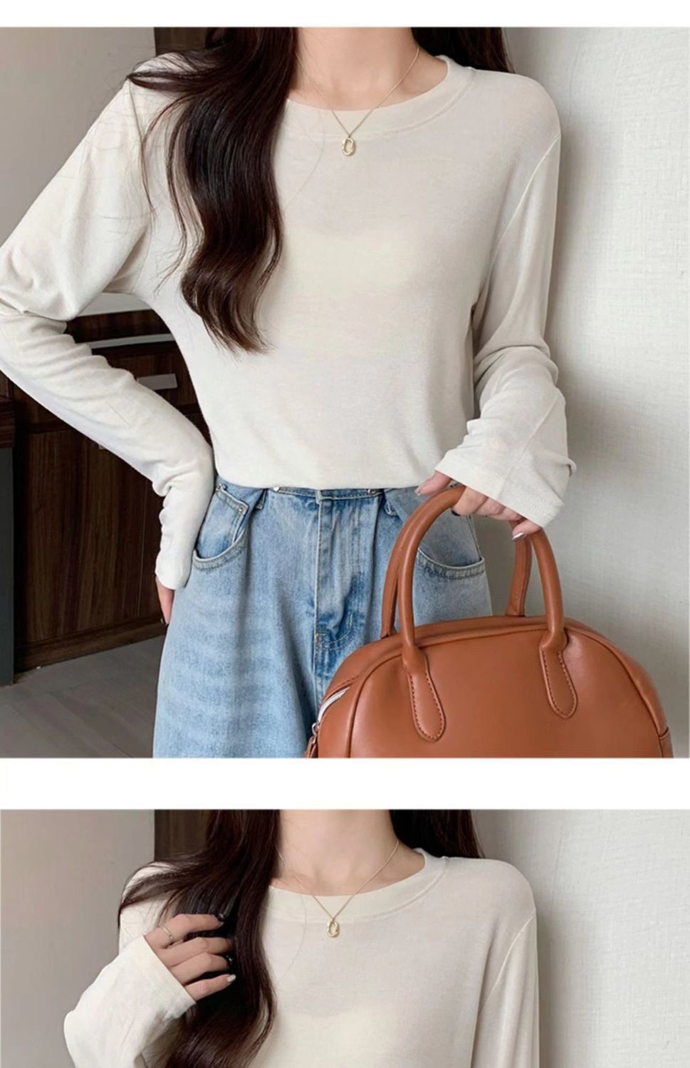 打底衫女宽松显瘦面膜T恤内搭秋冬新款软糯绒色磨毛长袖上衣代发详情23