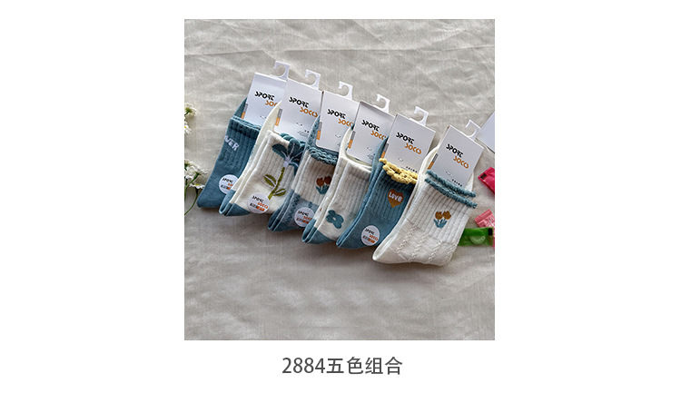 袜子地摊一件代发中筒袜女士秋冬 可爱小花刺绣女袜 百搭甜美袜子双针精梳棉棉袜女一件代发详情13