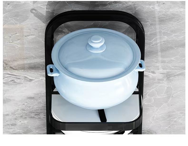 The pot rack is specially designed for storing cookware. It is a stainless steel shelf in the kitchen, with a sink under the rack and multiple layers inside the household cabinet pic 13