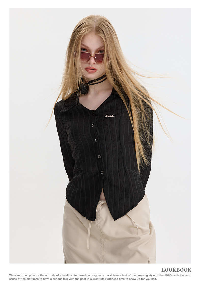 Nariele 洋气薄款开衫V领春秋短款衬衫女御姐风修身长袖韩系上衣详情11