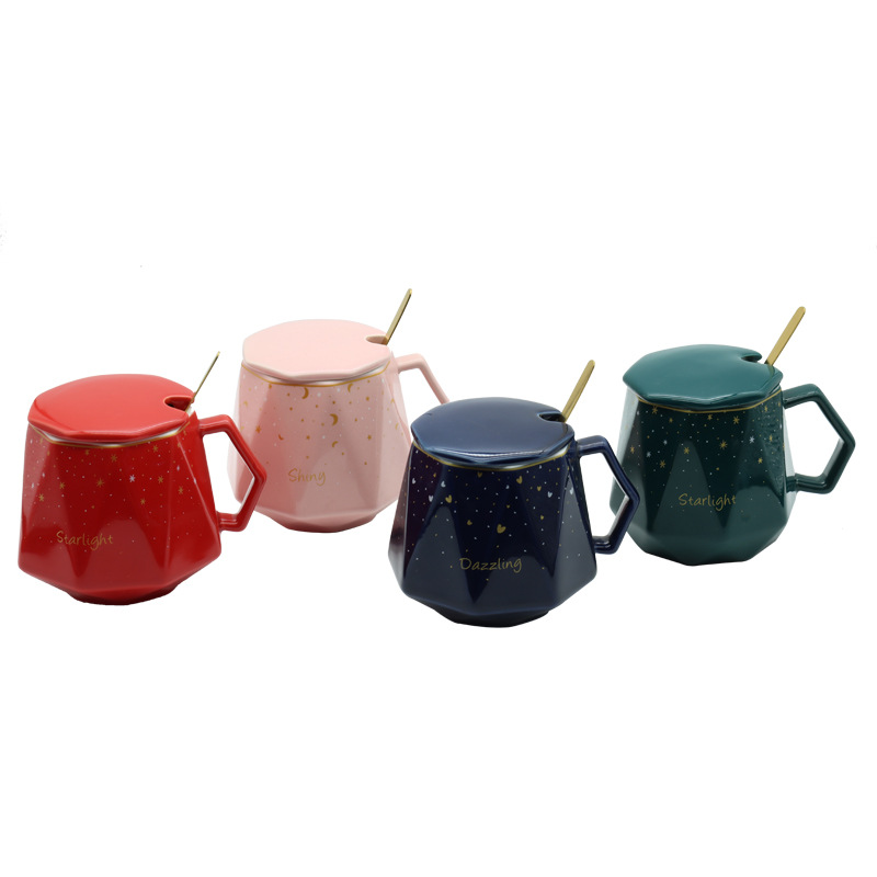 Hot-selling creative ceramic diamond starry sky cup mug, personalized handle with lid spoon set cup, Nordic ins style gold-plated large capacity breakfast cup, personal business gift cup, hand-held small gift box, guest logo available pic 7
