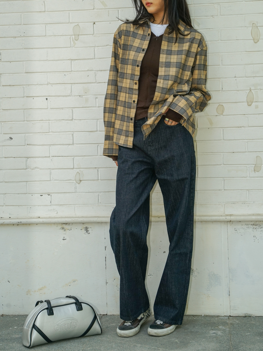 New retro plaid loose off-the-shoulder plaid long-sleeved shirt, yellow lapel plaid casual shirt for women 4415 pic 11