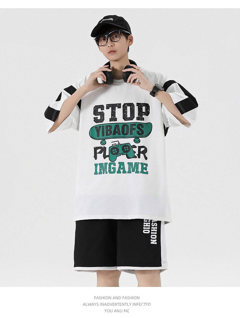 夏季薄款宽松短袖T恤套装批发青少年男初高中生潮流帅气两件套详情16