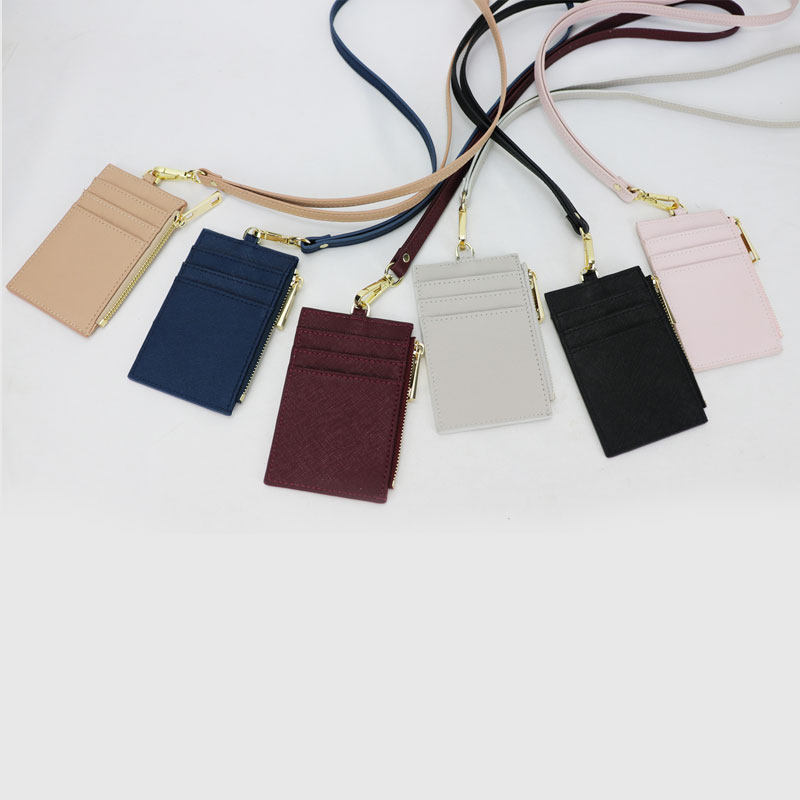 Genuine cowhide brand ID card holder, portable work name tag, employee name tag, cross-patterned neck-hanging, zipper card case, coin purse pic 36